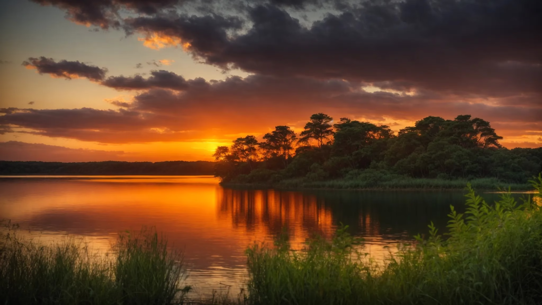 Water Feature Designers Bringing Serenity to Your Outdoors 1 a vibrant sunset casts a golden glow over a tranquil lake, reflecting the fiery sky and surrounded by lush, emerald foliage.