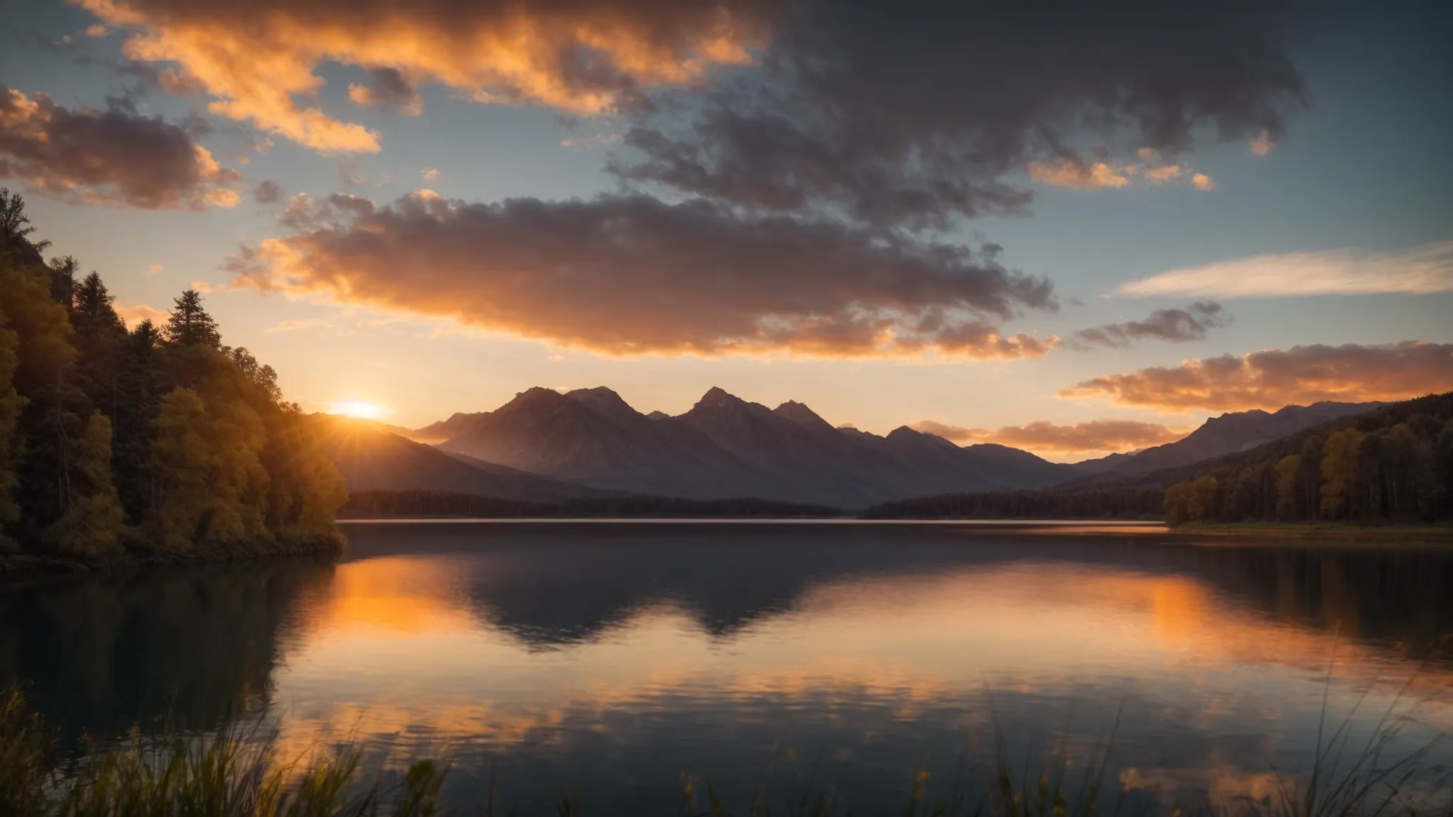Experience Serenity With Fountain Tall Water Displays 1 a vibrant sunset casts a golden hue over a serene lake, surrounded by lush greenery and majestic mountains, reflecting the tranquility of nature.