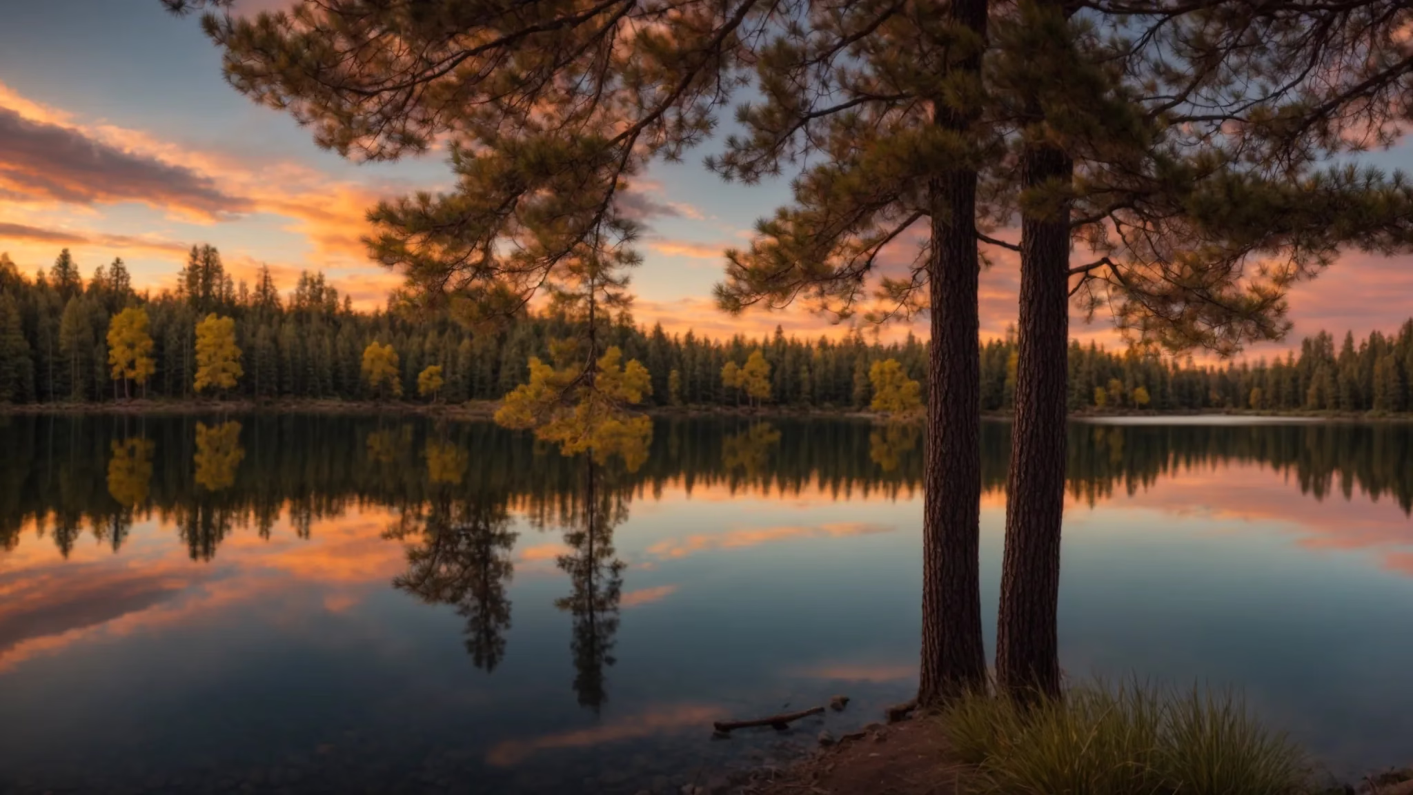 Fountain Large Options to Transform Your Landscape 1 a vibrant sunset casts a golden hue over a serene lake, reflecting the colorful clouds and surrounding evergreen trees in the still water.