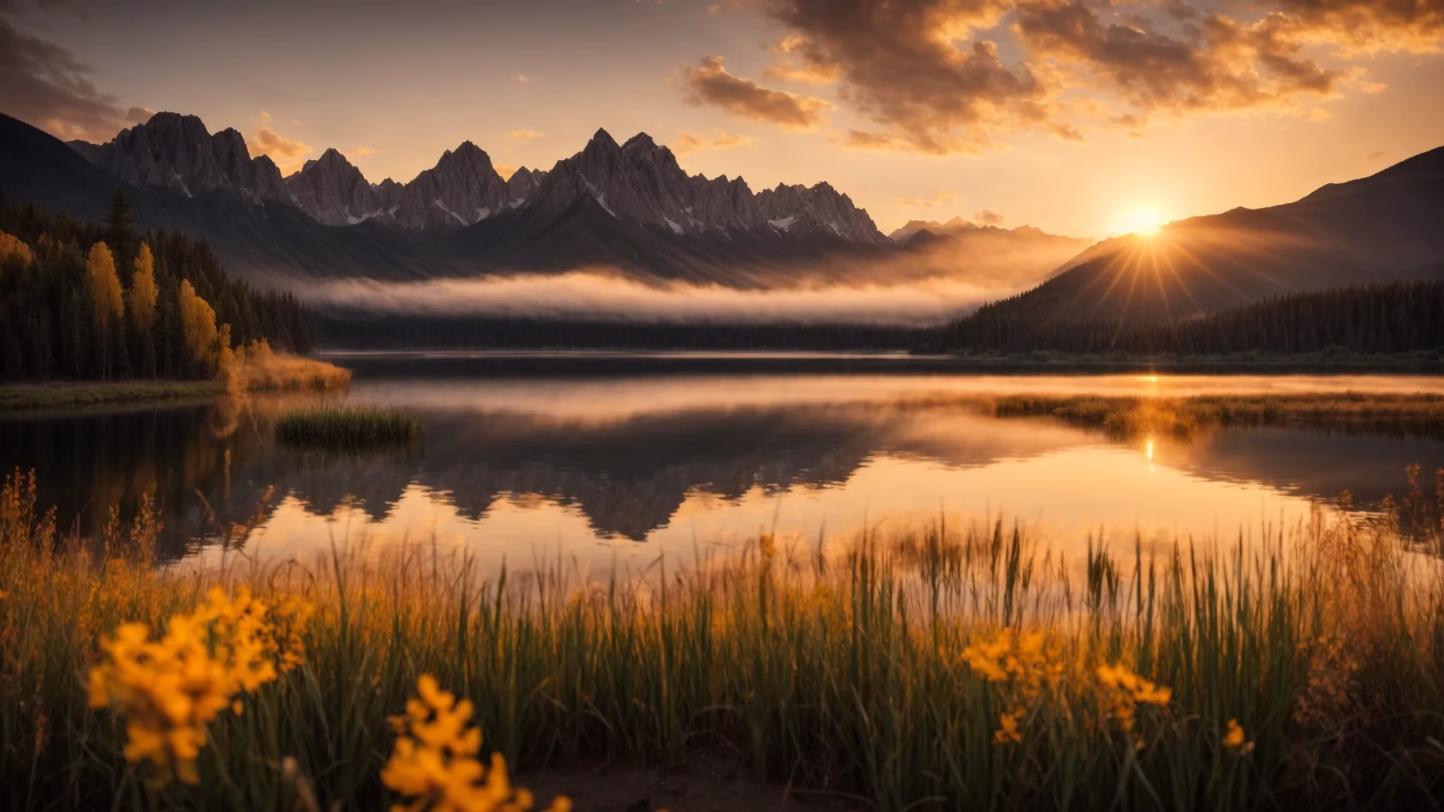 Create an Eye-Catching Water Display at Home 2 a vibrant sunset casts a golden hue over a tranquil lake, where towering mountains reflect majestically on the water's surface, creating a serene and captivating landscape.