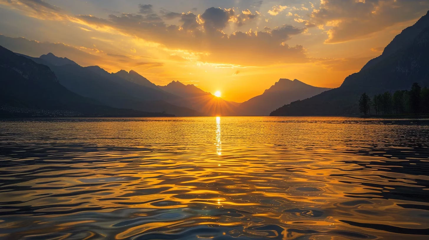 Tips for Designing a Garden Large Enough for Gathering 2 a vibrant sunset casts a warm golden glow over a tranquil lake, with the silhouette of majestic mountains towering in the background and delicate ripples dancing across the water's surface.