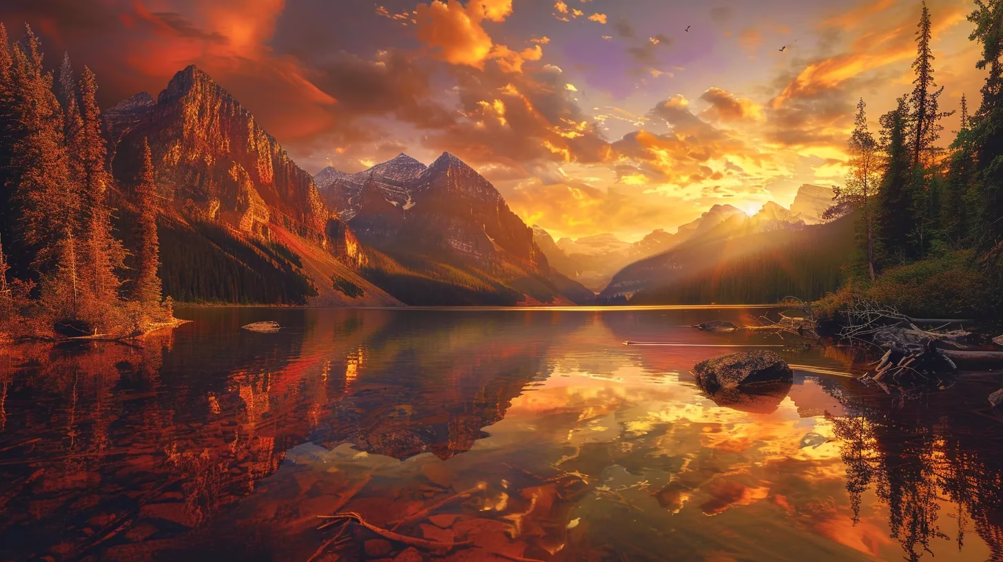 Achieve Elegance With a Beautifully Designed Tall Wall 6 a vibrant sunset casts a warm golden light over a tranquil lake, reflecting the silhouettes of towering mountains that hug the shoreline, creating a breathtaking harmony of nature.