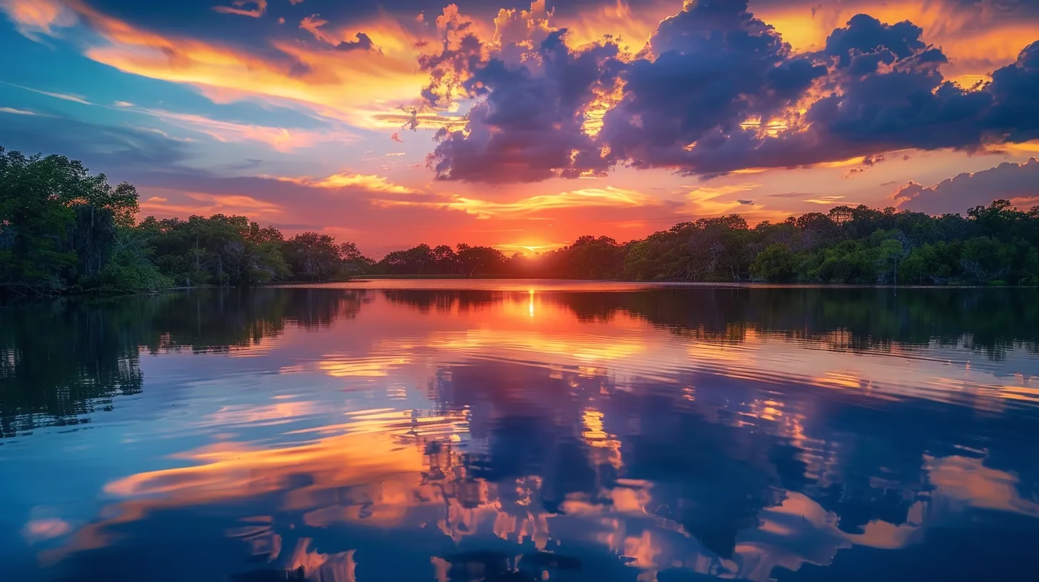 How Water Sculpture Elevates Landscape Design 4 a vibrant sunset casts a warm golden glow over a serene lake, reflecting the colorful clouds and surrounding lush greenery, creating a tranquil and enchanting atmosphere.