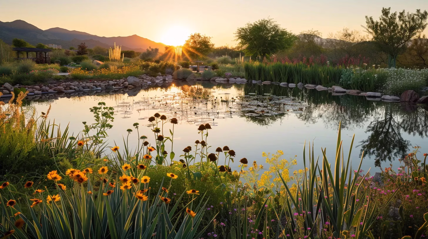 Quality Brands to Trust When You Buy Water Fountain 4 a vibrant sunset casts a warm golden glow over a tranquil lake, reflecting the surrounding lush greenery and colorful wildflowers in perfect harmony.