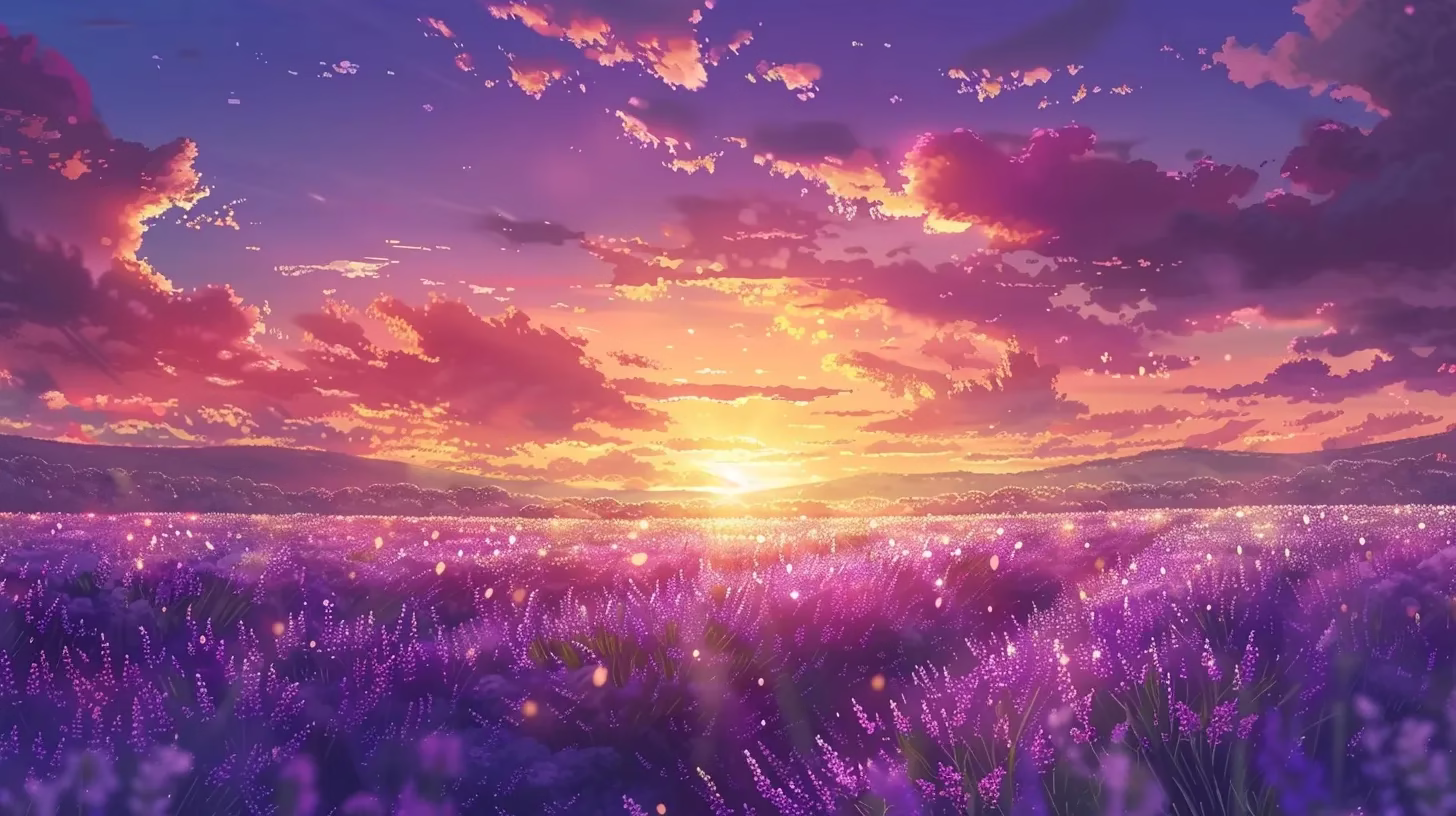 Tips for Designing a Garden Large Enough for Gathering 4 a vibrant sunset casts a warm golden glow over an expansive lavender field, where endless rows of purple blooms sway gently in the evening breeze against a dramatic, cloud-studded sky.