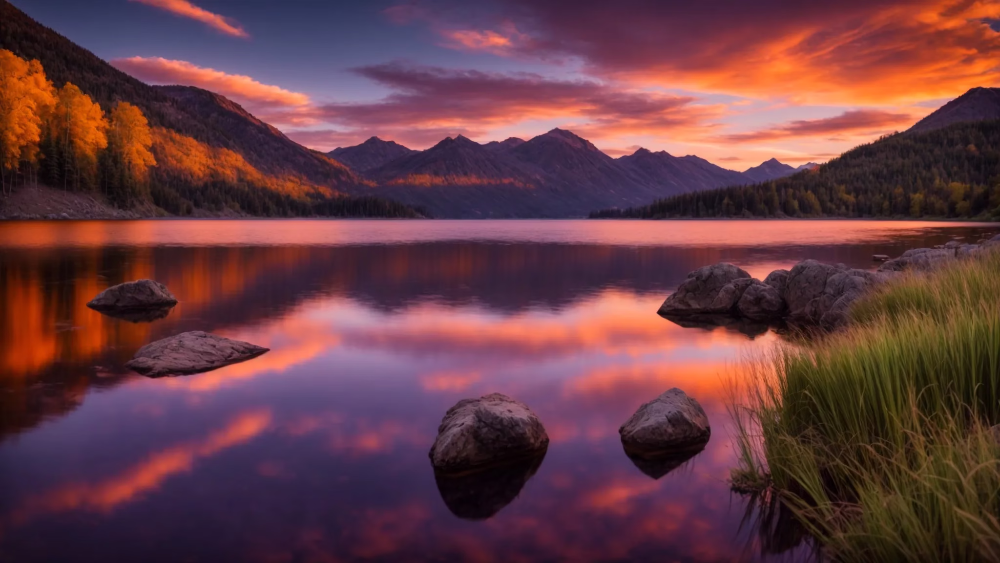 Experience Serenity With Fountain Tall Water Displays 6 a vibrant sunset casts deep oranges and purples across a tranquil lake, reflecting the serene beauty of the surrounding mountains under a crystal-clear sky.