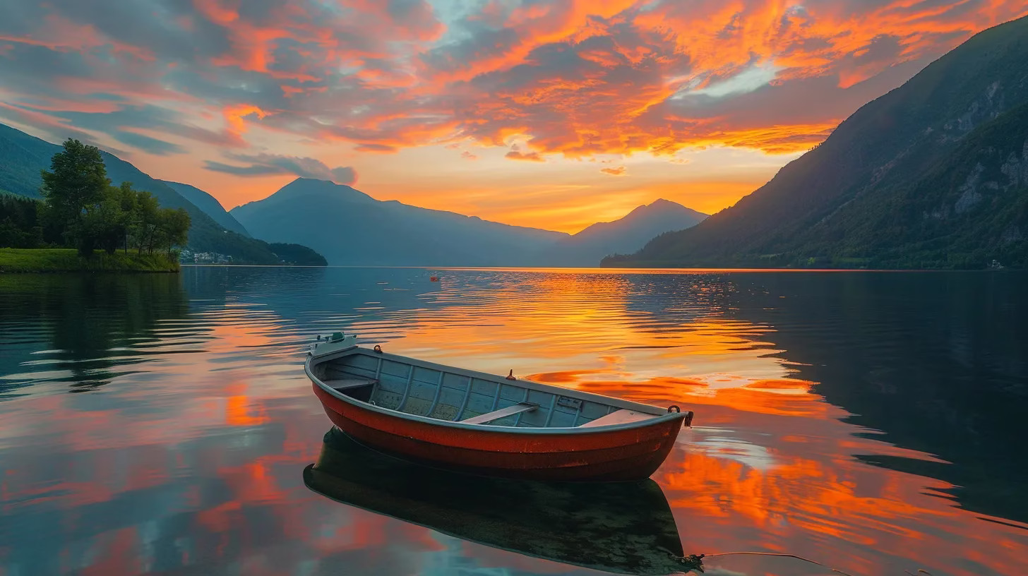 Captivating Fountain Water Designs for Family Gatherings 6 a vibrant sunset casts dramatic hues across a serene lake, where a lone rowboat floats gently on the water, reflecting the fiery colors of the sky.