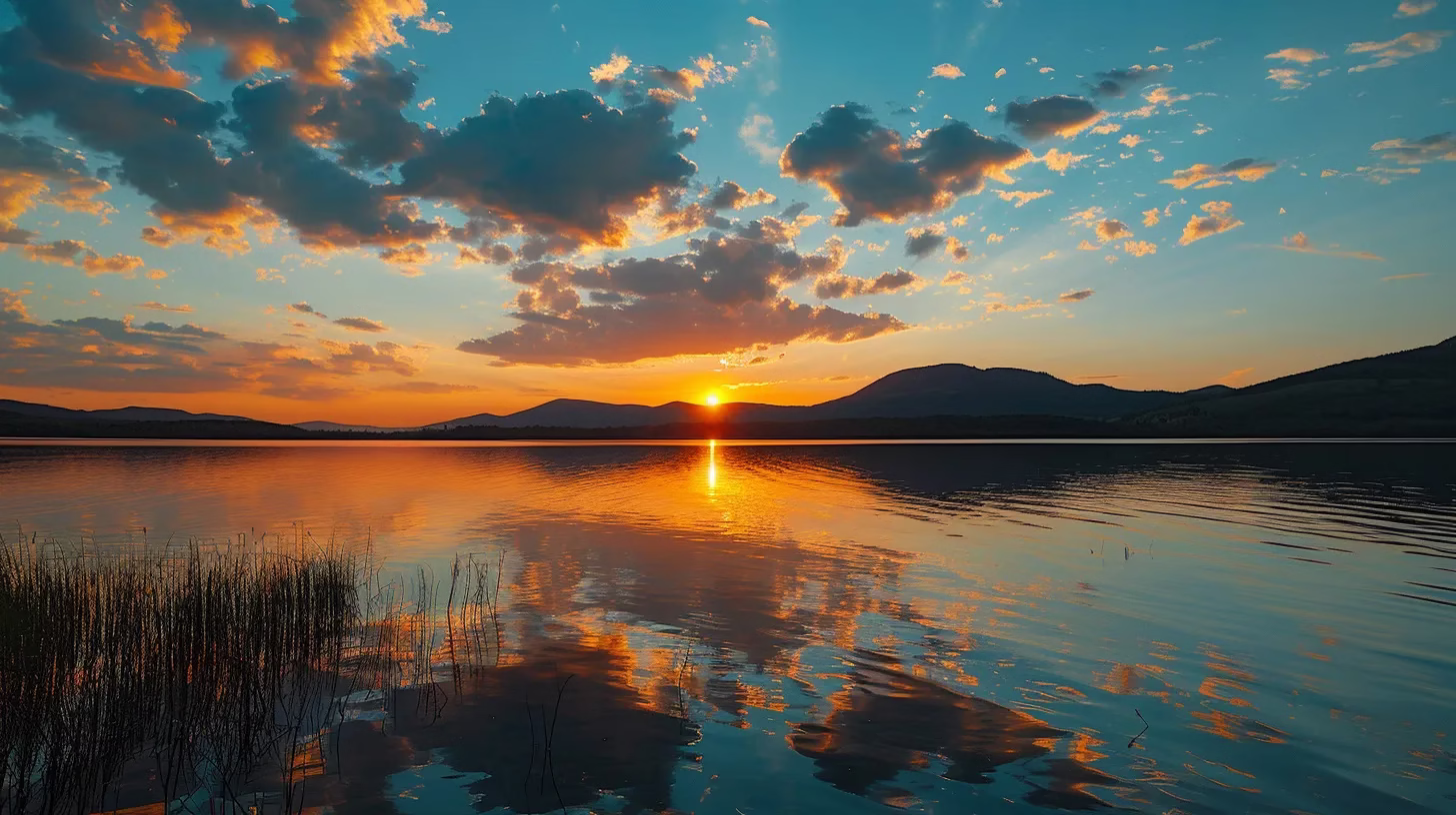 Unique Metal Fountain Ideas for Garden Aesthetics 6 a vibrant sunset casts golden hues over a tranquil lake, reflecting delicate wisps of clouds and the silhouette of distant mountains in serene harmony.
