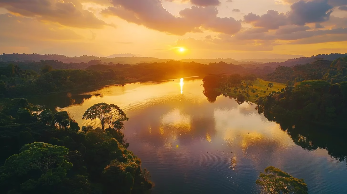 Bringing Tranquility Home With LED Water Bubble Displays 2 a vibrant sunset casts golden hues over a tranquil lake, reflecting the colorful sky and surrounding lush greenery, creating a serene and picturesque landscape.