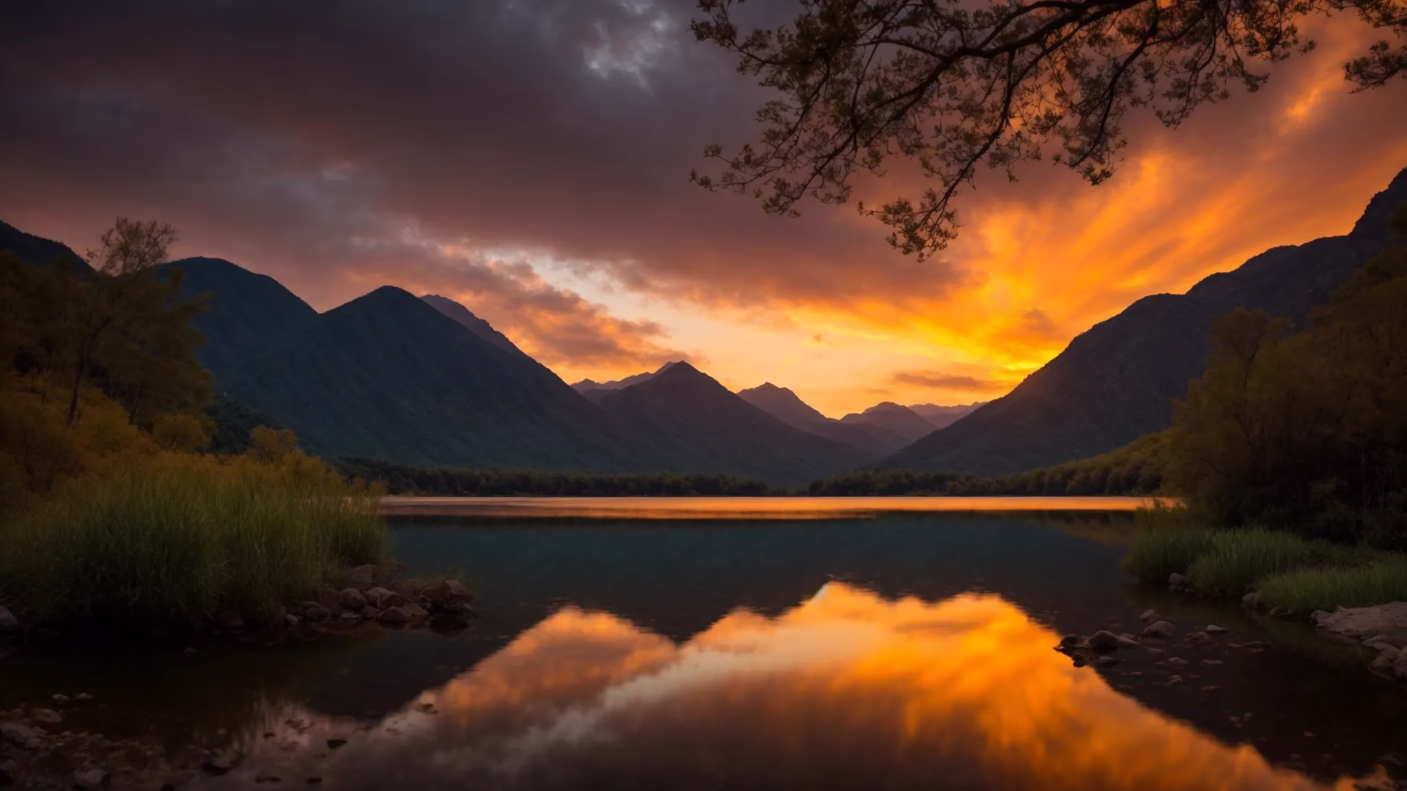Fountain Large Options to Transform Your Landscape 6 a vibrant sunset casts golden hues over a tranquil lake, reflecting the silhouette of lush mountains in the background, evoking a sense of peace and natural beauty.