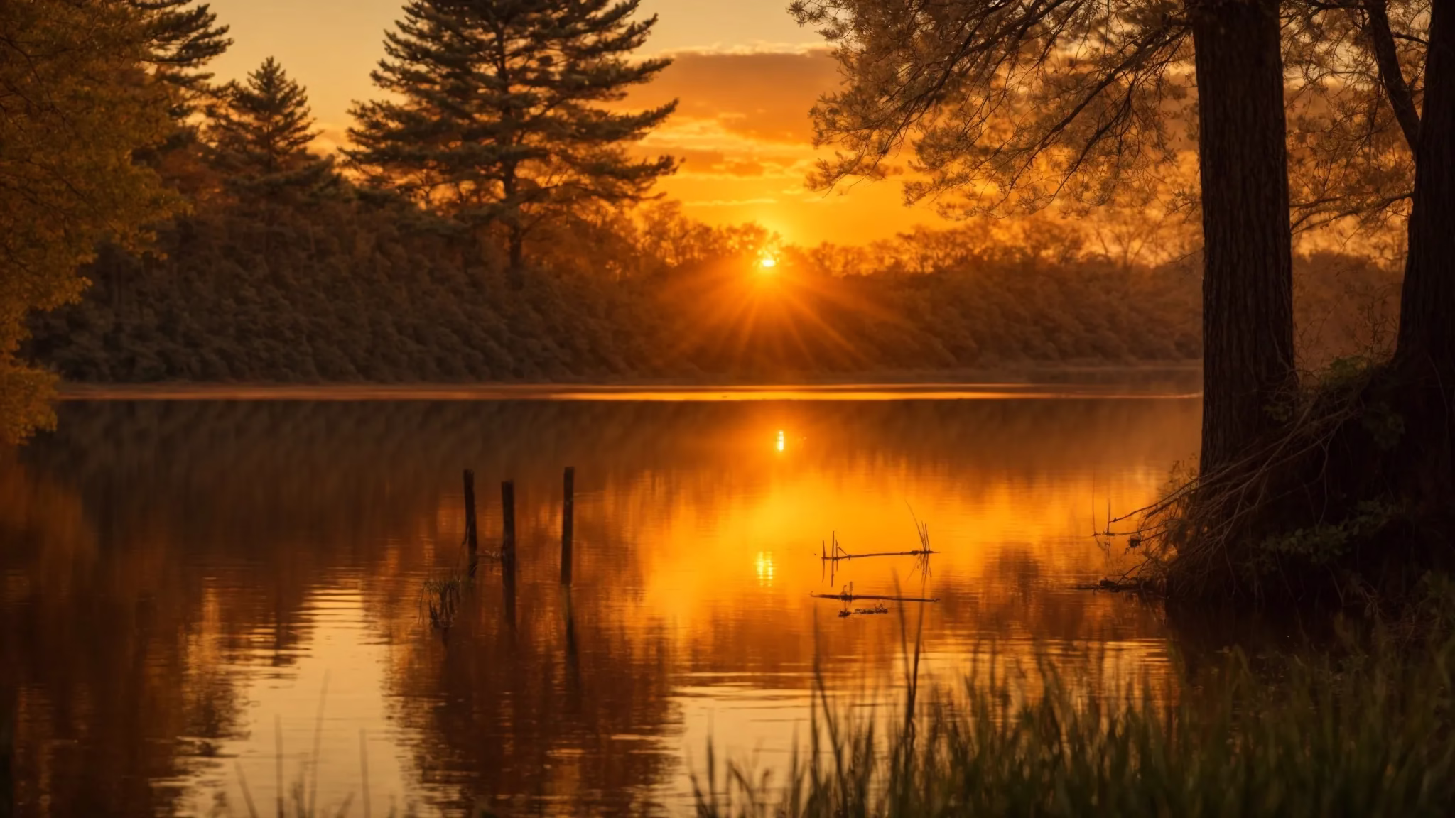 Modern Trends in Glass Indoor Decor 4 a vibrant sunset casts golden hues over a tranquil lake, reflecting silhouetted trees and creating a peaceful, serene atmosphere.