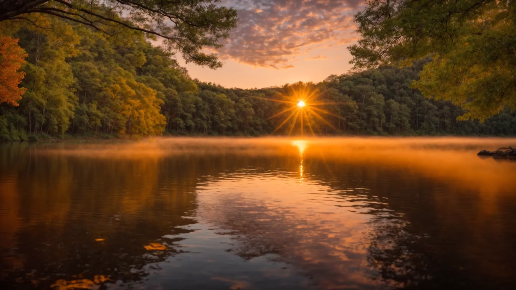 Modern Trends in Glass Indoor Decor 1 a vibrant sunset casts golden hues over a serene lake, reflecting the brilliant colors of the sky and surrounded by lush green trees, evoking a sense of tranquility and peace.