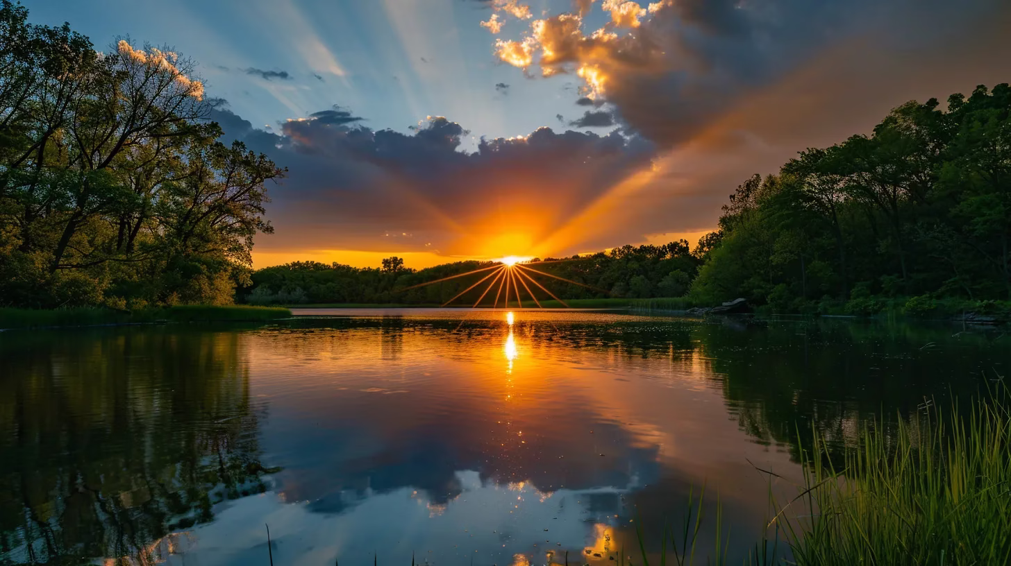 House Fountain Ideas for a Serene Outdoor Environment 1 a vibrant sunset casts golden rays over a tranquil lake, reflecting the fiery colors of the sky and surrounded by lush, verdant trees, creating a serene and picturesque landscape.