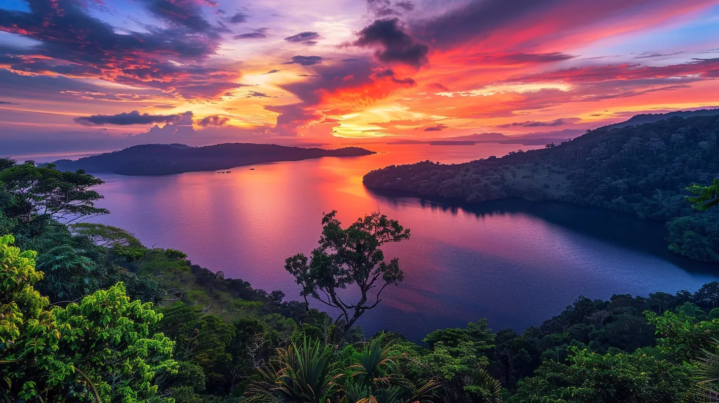 How to Choose the Right Material for Your Exterior Wall 1 a vibrant sunset paints the sky in fiery hues of orange and pink, casting a warm glow over a tranquil lake surrounded by lush greenery.