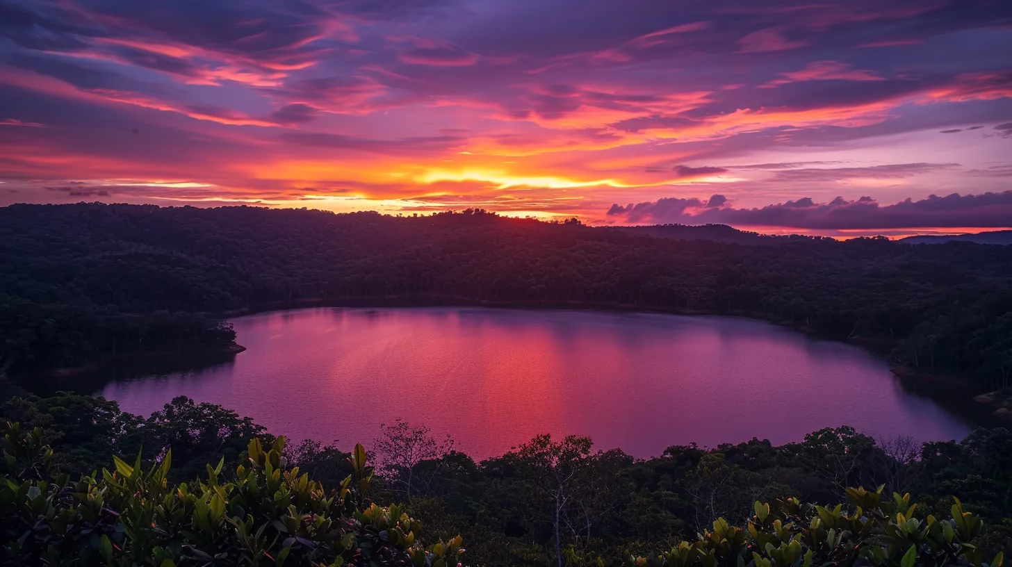 Unique Interior Wall Treatments for Modern Interiors 4 a vibrant sunset paints the sky in hues of orange and purple, casting a warm glow over a tranquil lake surrounded by lush green forests.