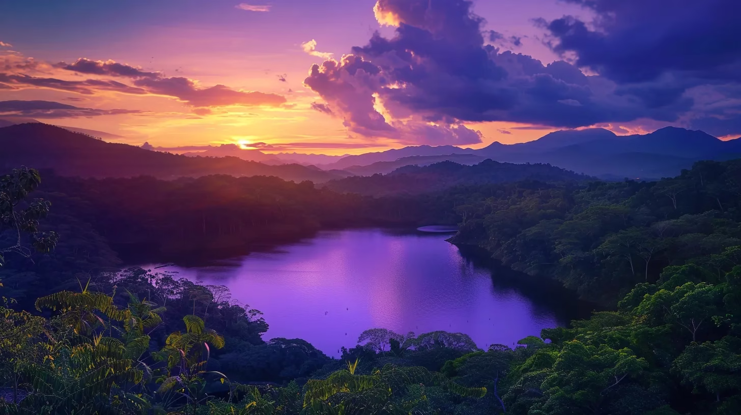 How an Interior Fountain Enhances Home Design 6 a vibrant sunset paints the sky in hues of orange and purple, casting a warm glow over a serene lake surrounded by lush, emerald-green forests, reflecting the dazzling colors in the still waters.