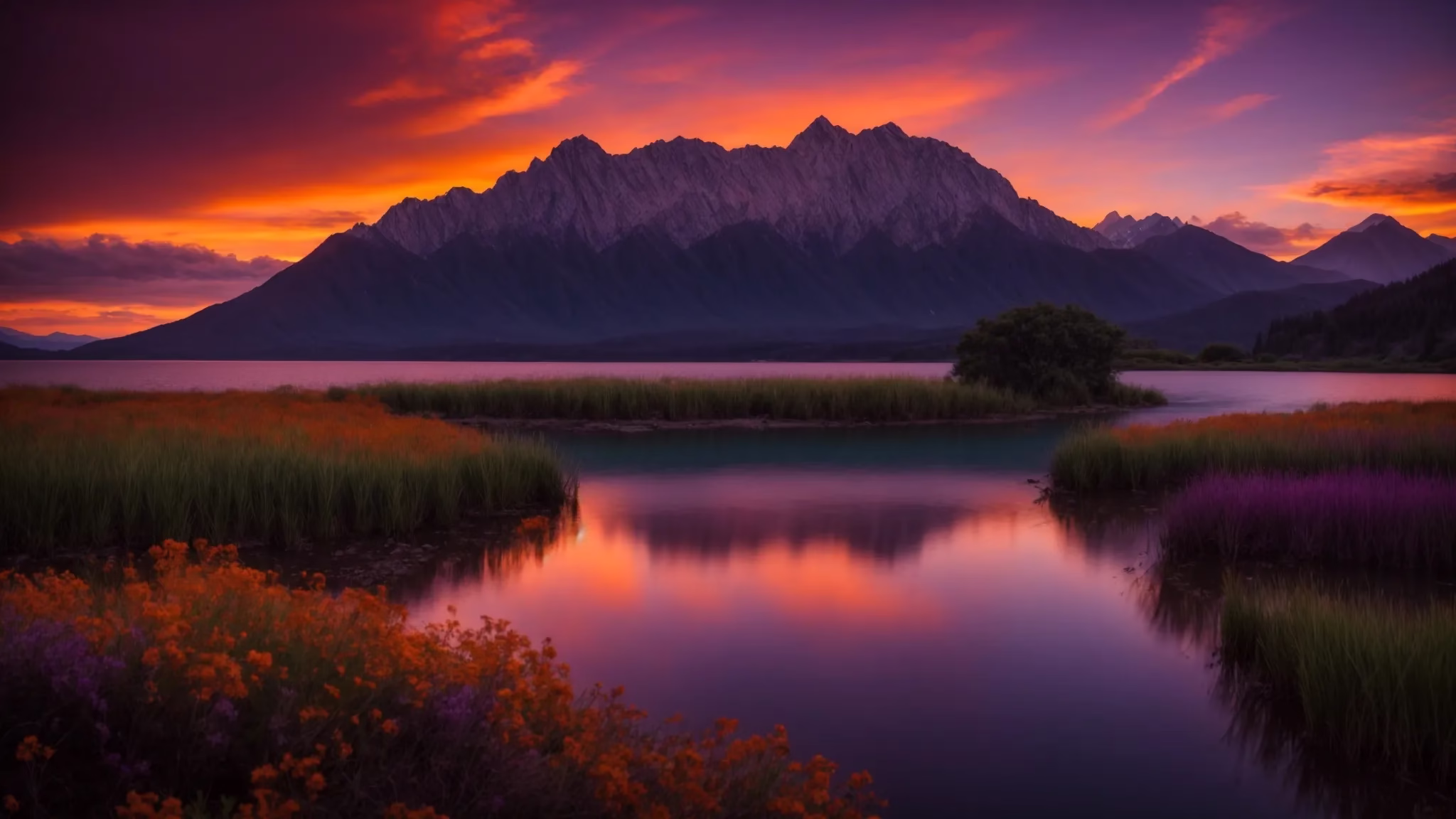 Transform Your Garden With a Stone Wall Fountain 1 a vibrant sunset paints the sky with fiery oranges and deep purples, illuminating a serene lake that reflects the breathtaking colors, while lush mountains frame the tranquil scene in the distance.