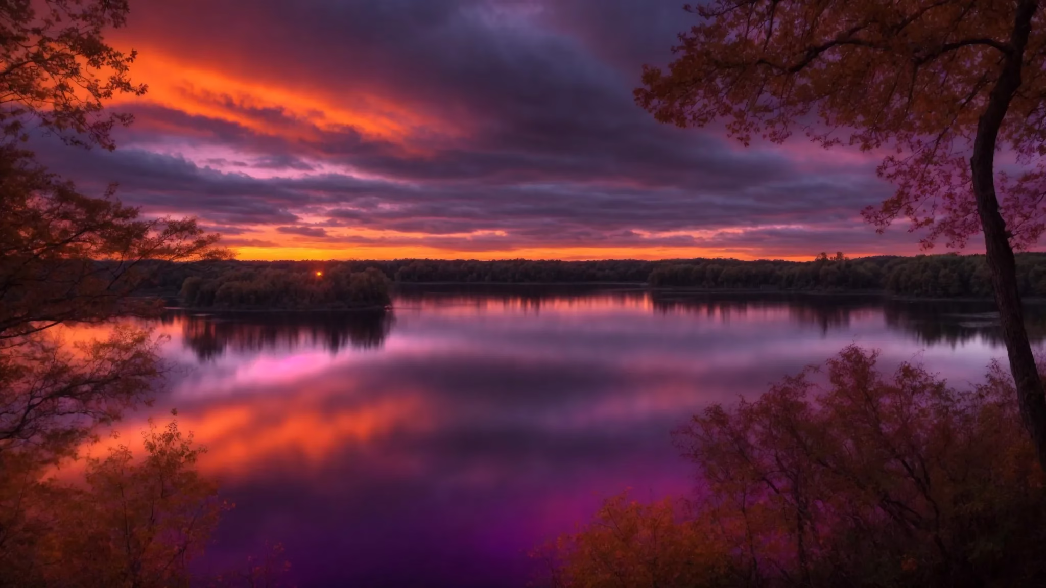 Fountain Large Options to Transform Your Landscape 5 a vibrant sunset spills rich hues of orange and purple across a tranquil lake, where silhouetted trees frame the serene water reflecting the sky's brilliance.