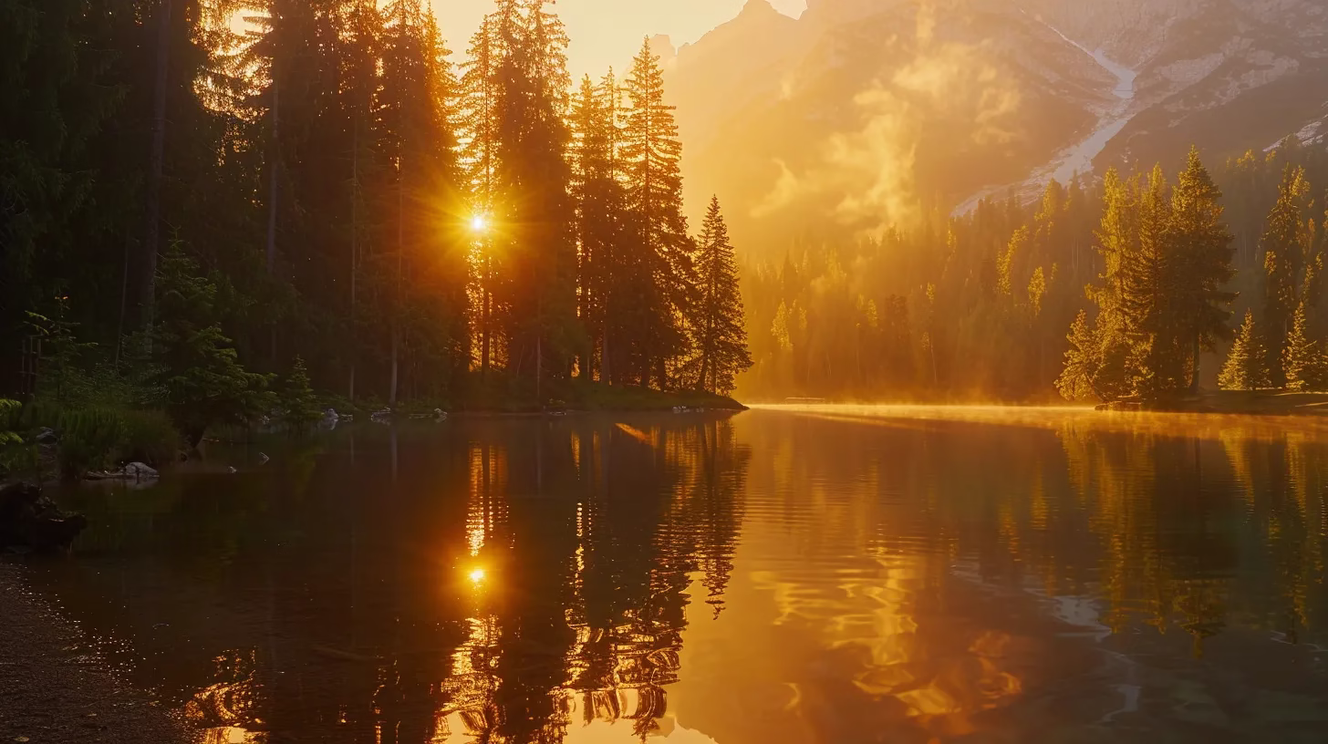 Exploring the Best Water Fountains Near Your Location 6 a vivid sunrise casts golden light over a tranquil lake, reflecting the surrounding evergreen trees and creating a serene atmosphere of natural beauty.
