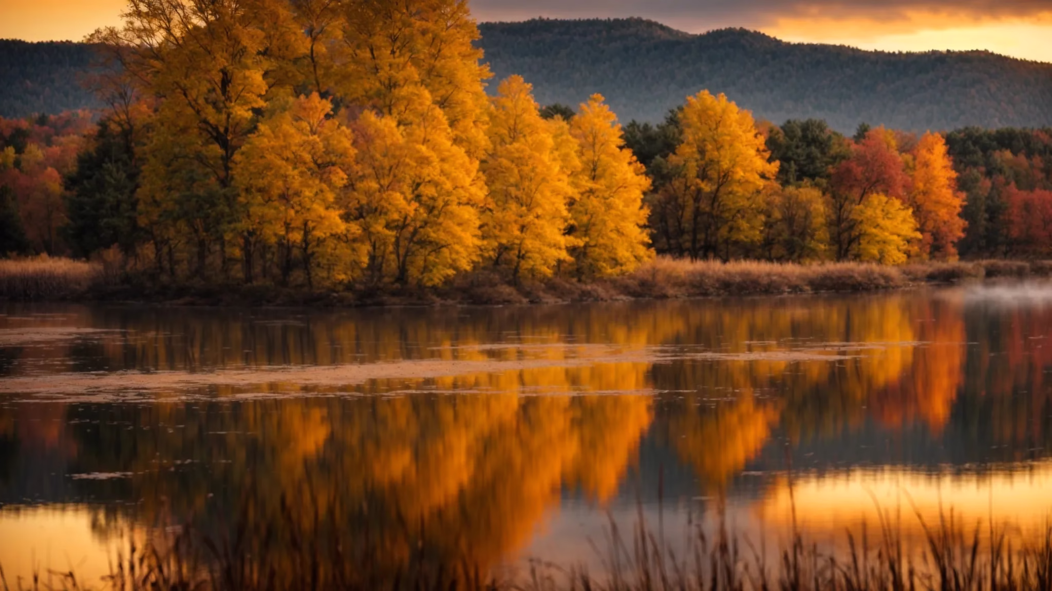 Modern Trends in Glass Indoor Decor 6 a vivid sunset casts a warm, golden light over a tranquil lake reflecting colorful autumn trees, creating a serene and picturesque landscape.