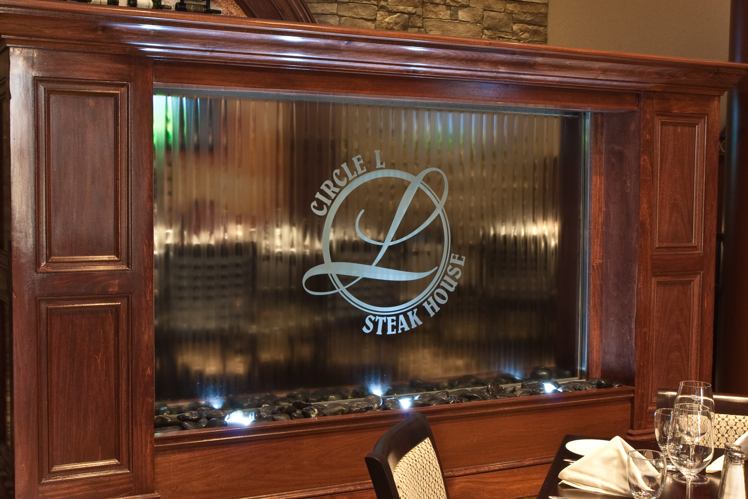 Glass Water Features 75 interior water feature Circle L Steakhouse Wadsworth Ohio glass water wall scaled