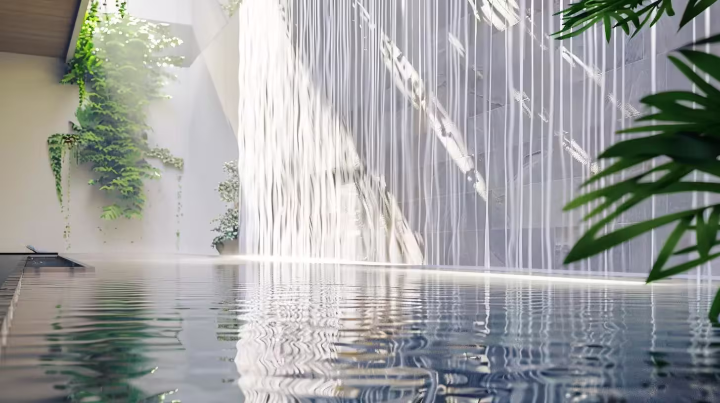 Transform Small Spaces with Biophilic Water Features 1 waterfall wall with natural lighting indoors with an infinity reflection pool and green plants