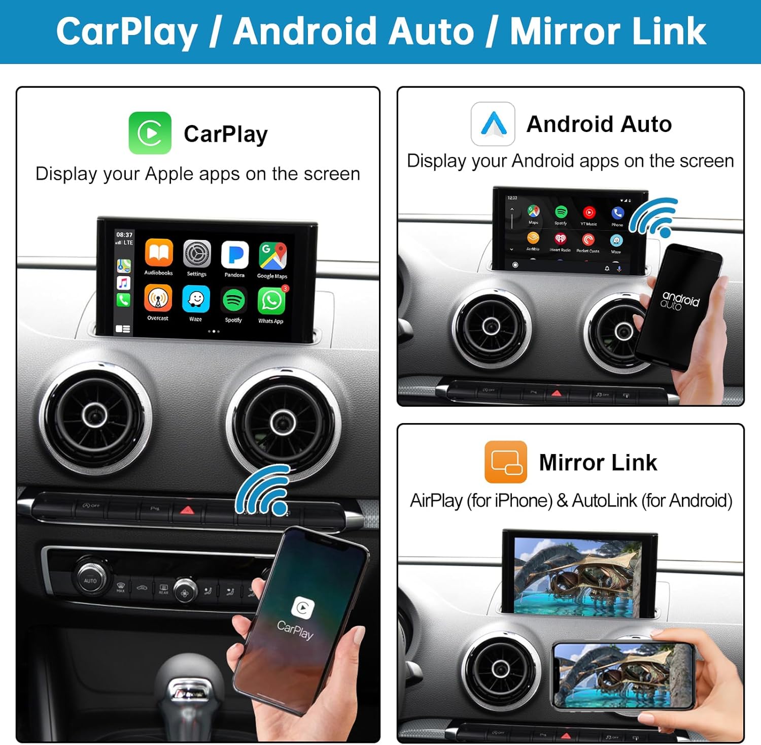 kit décodeur ninetom avec carplay sans fil et android auto pour audi a3/s3 2013 2018, support mimrorlink, youtube, caméra de recul gps, siri