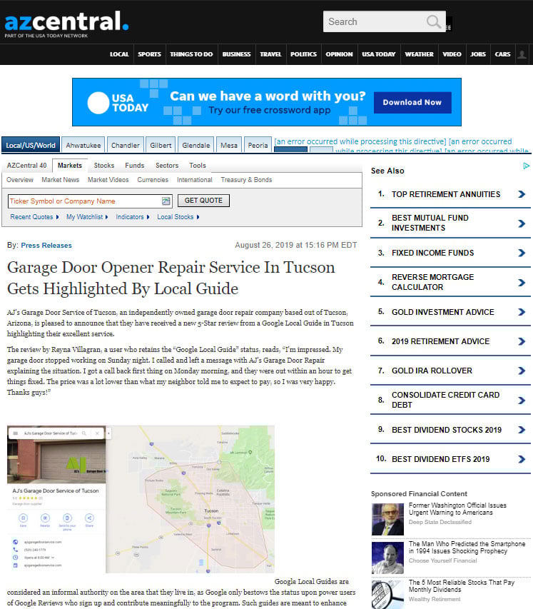 news coverage of great Tucson garage door service by AJ's Garage Doors