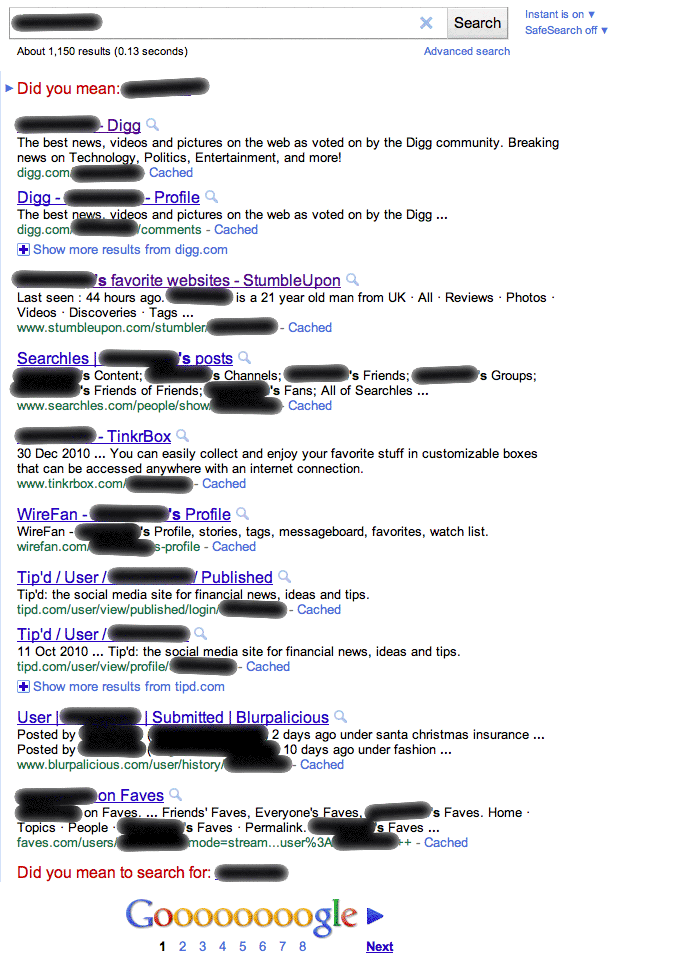 SEO spamming social SEO agency spams social bookmarking - google results page for a particular user name