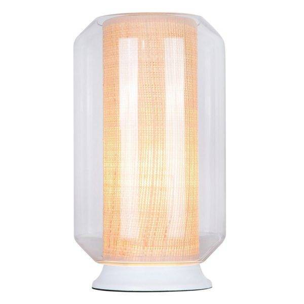 Lampe à Poser RAF (H35cm) en Verre, Raphia Naturel et Métal Blanc Lampe à Poser RAF (H35cm) en Verre, Raphia Naturel et Métal Blanc