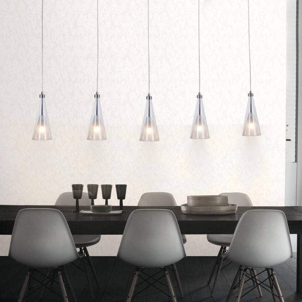 Suspension Barre 5 Lumières PRISS Argentée en Métal et Verre