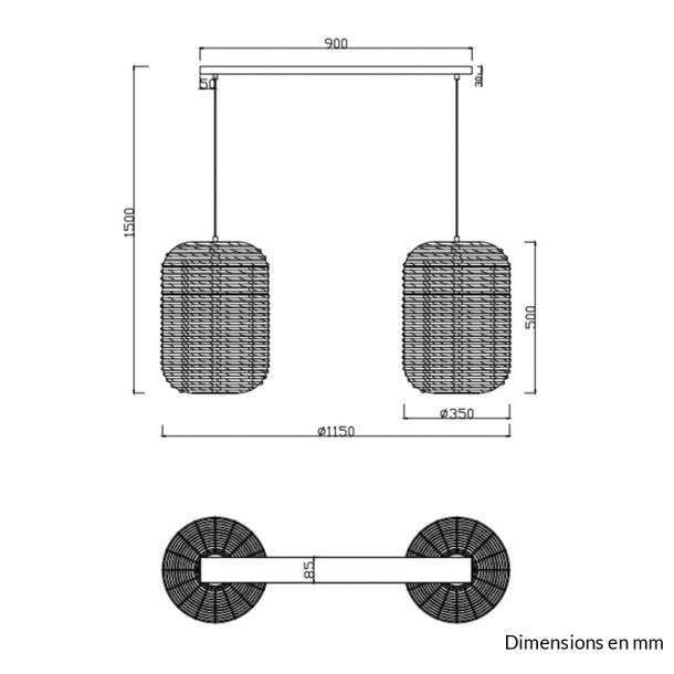 Suspension barre RUNA en métal noir et rotin naturel – Image 3