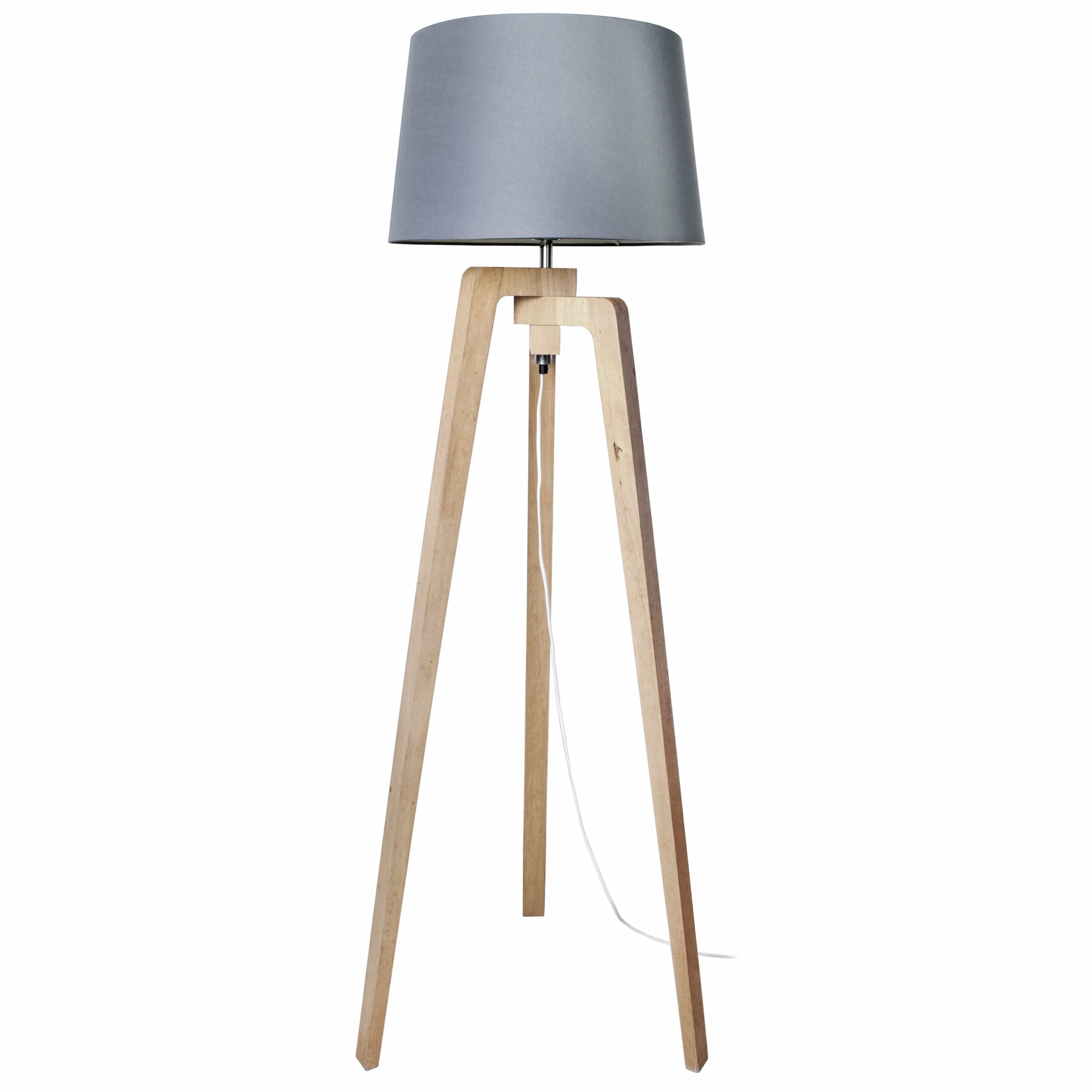 Lampadaire trépied TIMA bois clair et taupe en pin naturel et tissu