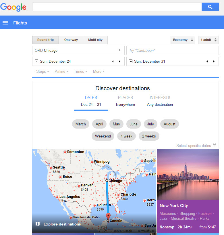 Google Flight Search Homepage