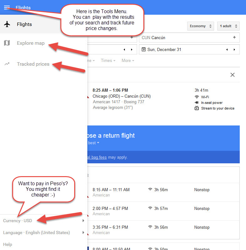 Google Flight Search Tools Menu