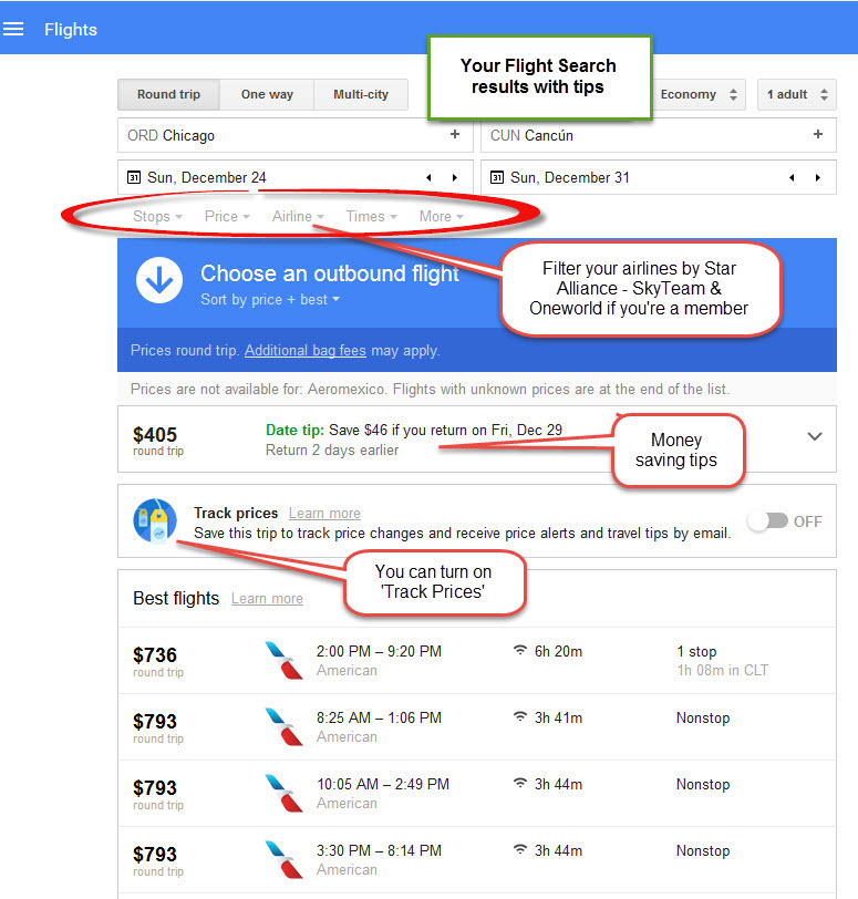 Google Flight Search results page