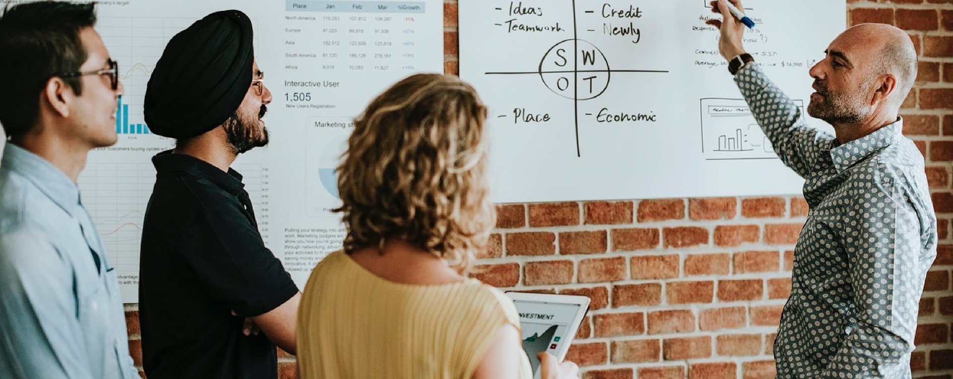 BIZ-LYNX Technology - A group of four people, experienced in NGOs and charities, stands in front of a brick wall and a SWOT analysis chart discussing strategies. One person points at the chart while others listen attentively. Their proven track record ensures the discussion is both insightful and effective.