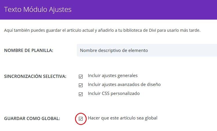 Guardar elemento global en la biblioteca del constructor Divi