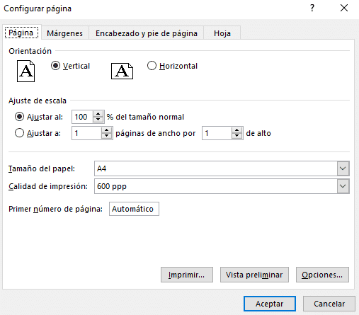 configuración de página en Word
