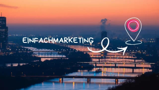 Stadtsilhouette bei Sonnenuntergang mit Fluss und Brücken; der Text "EINFACHMARKETING", eine neonfarbene Standortpin-Grafik und der Schriftzug "Werbeagentur Wien" sind über das Bild gelegt.