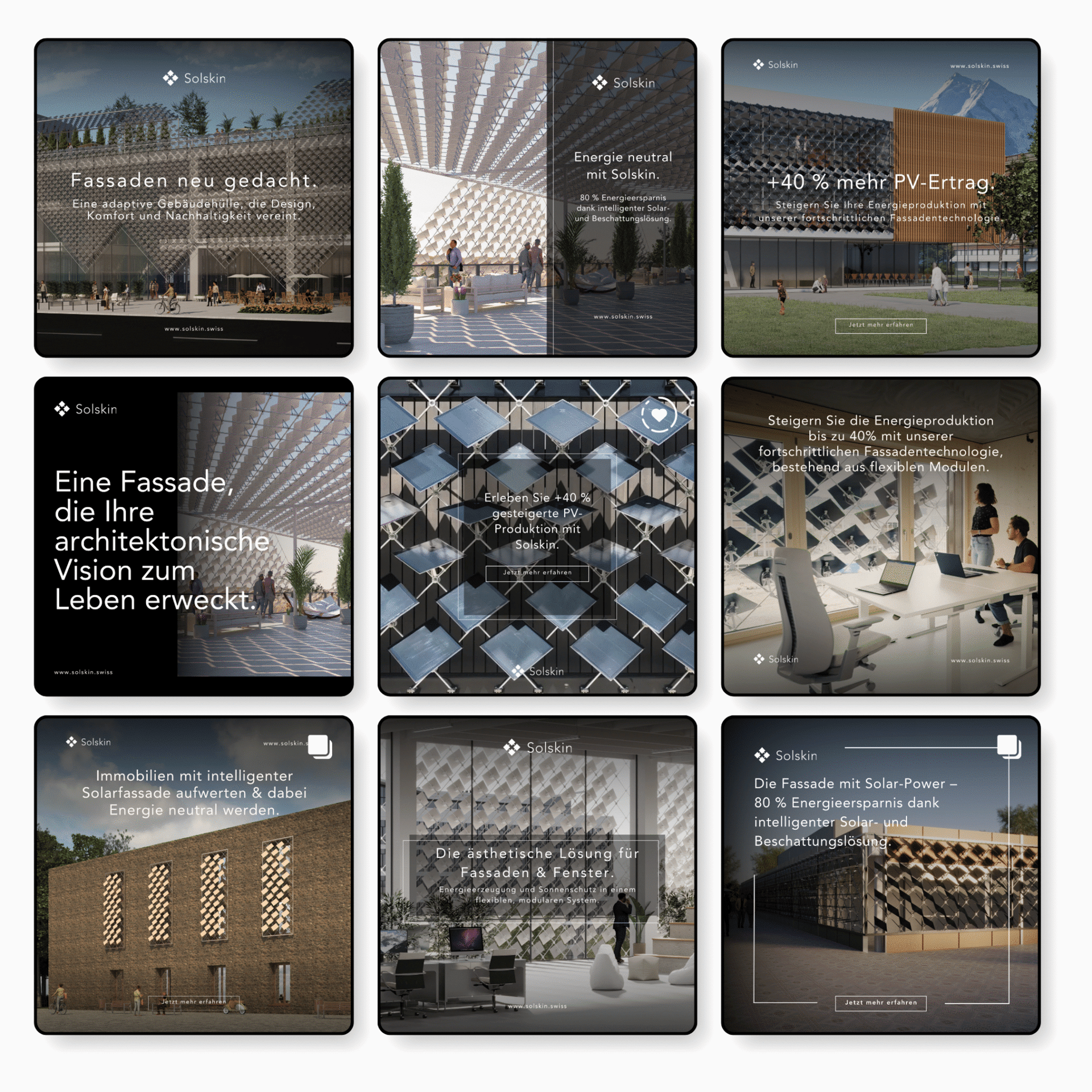 Ein Raster aus neun Bildern zeigt architektonische Entwürfe, die Solartechnologie integrieren. Der Text in Deutsch betont Energieeffizienz, Fassadeninnovation und eine um 40 % erhöhte Energieausbeute mit PV-Modulen. Jeder Entwurf zeigt, wie gespeicherte Solarenergie automatisch für maximale Leistung optimiert werden kann.