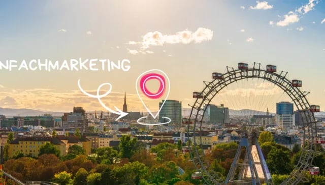 Ein Stadtbild von Wien mit dem Riesenrad, dem Schriftzug "EINFACHMARKETING" und einer pinkfarbenen Standortpin-Grafik in der Mitte - so präsentiert sich Ihre Werbeagentur Wien mit dem Fokus auf innovative Marketing Abo-Lösungen.