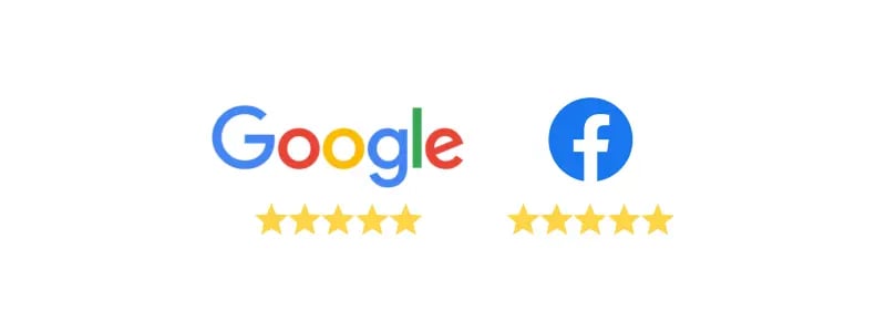 Über jeweils fünf gelben Sternen werden Google- und Facebook-Logos angezeigt, die eine Fünf-Sterne-Bewertung für beide Dienste widerspiegeln – perfekt, um Ihr Marketing-Abo zu präsentieren oder den Erfolg mit Einfachmarketing hervorzuheben.