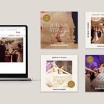 Werbematerialien für den Johann Strauß Ball 2024, darunter Social Media-Beiträge und ein Laptop-Bildschirm, auf dem die elegante Veranstaltung gezeigt wird. Feiern Sie mit klassischer Musik am 17. Februar 2024 im Kursalon Hübner.