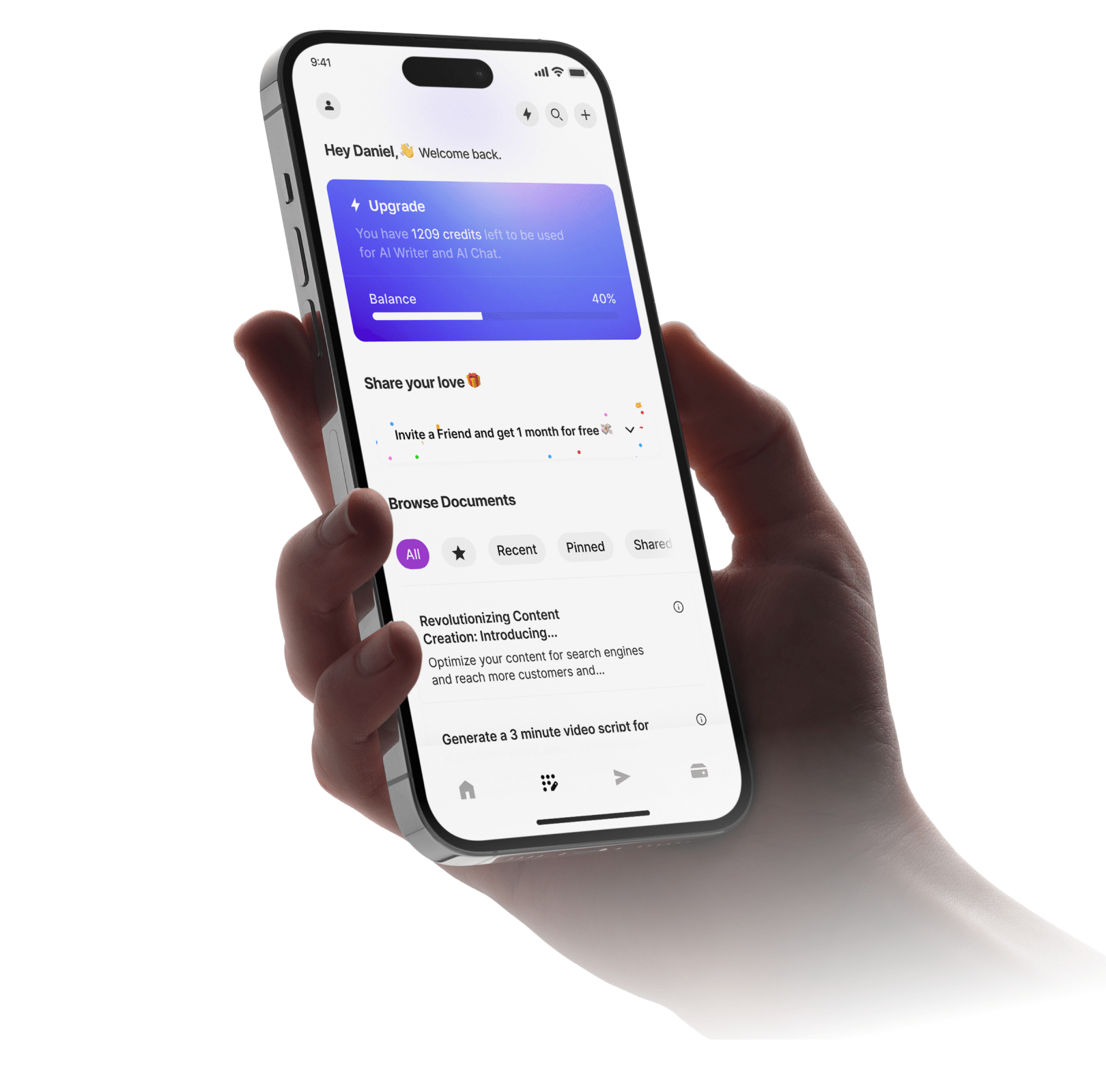 Eine Hand hält ein Smartphone, das ein App-Dashboard mit Optionen zum Aktualisieren, Freigeben und Durchsuchen von Dokumenten anzeigt.