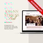 Ein Laptop, auf dem eine Webseite für den Johann Strauss Ball mit dem Wort „AUSVERKAUFT“ in Rot angezeigt wird. Daneben wird eine Kooperation mit verschiedenen Marketingtools erwähnt und ein automatisch gespeicherter Entwurf ihrer Werbestrategie präsentiert.