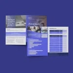 Drei Informationsbroschüren in Blau und Lila werden auf einem schlichten blauen Hintergrund angezeigt. Der Entwurf enthält Servicedetails, Kontaktinformationen und ein automatisch gespeichertes Serviceauftragsformular.