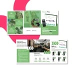 Eine Broschüre, die die Marke GastroPay präsentiert, mit Diagrammen, einem Kartenleser und Fotos von Personen. Zu den Highlights zählen Funktionen und Zahlungsterminals vor einem grün-weißen Hintergrund in einer modernen Küche.