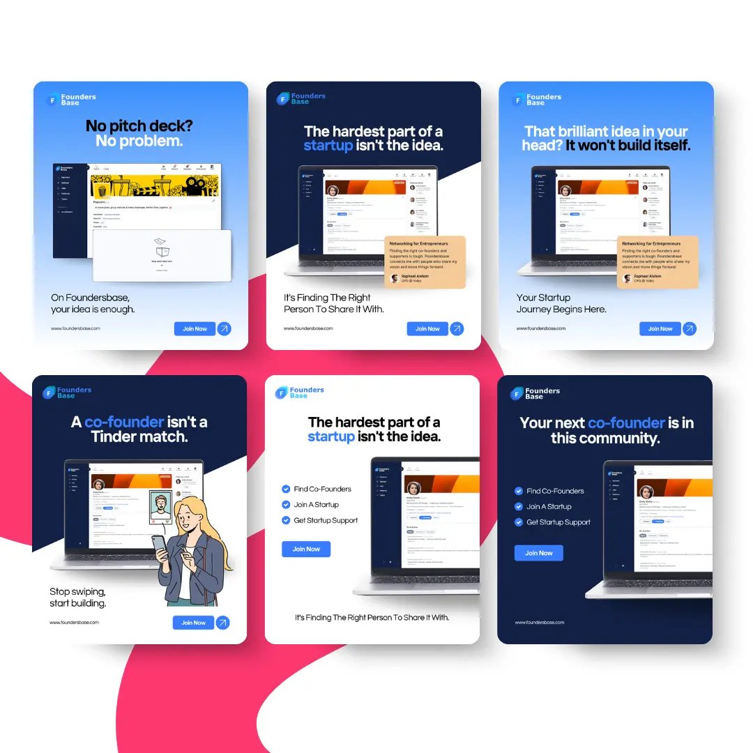 Sechs Werbekarten für die FoundersBeta-Plattform, die jeweils einen Laptop-Bildschirm mit geschäftlichen Slogans über die Suche nach Startup-Mitgründern und Community-Unterstützung zeigen - perfekt für einen automatisch gespeicherten Entwurf in Ihrem nächsten Pitch Deck.