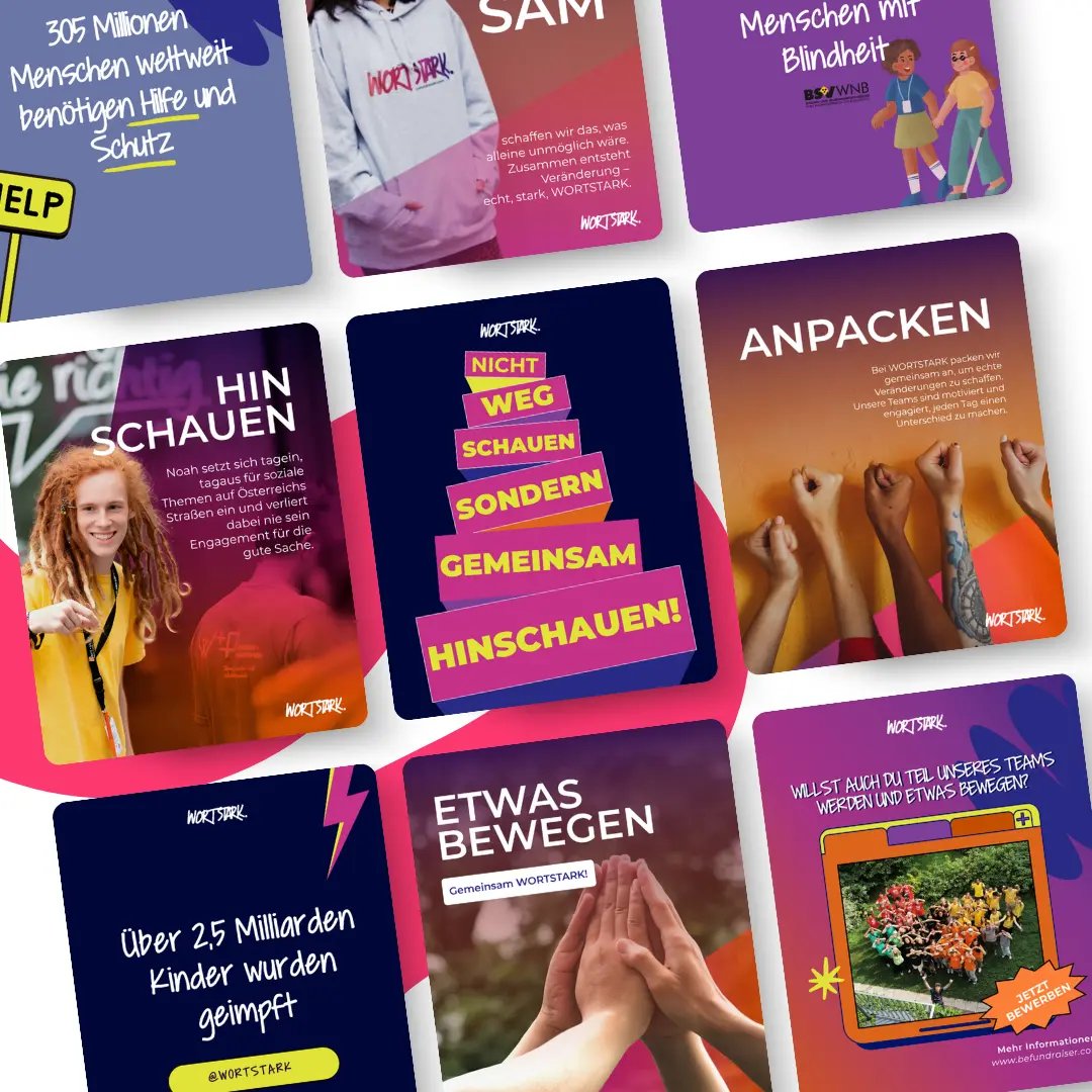 Eine Collage aus deutschsprachigen Informationskarten - mit Text, Illustrationen und Fotos von Händen - vermittelt Botschaften über Gemeinschaft, Hilfe für andere und soziale Verantwortung. Automatisch gespeicherter Entwurf erscheint subtil im Layout.